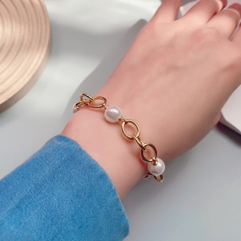 9-10mm Freshwater Pearl Chunky Gold Chain Bracelet